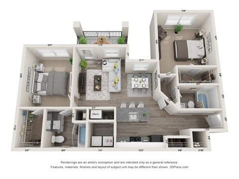 Floor plan for 2 beds, 2 baths, 1077 sqft